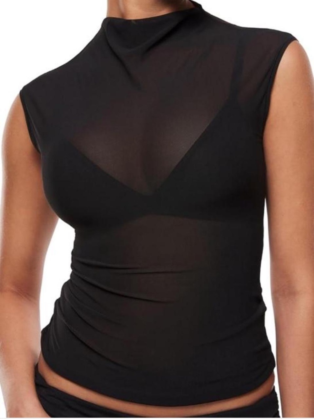 Sheer Mock Neck Sleeveless Top - Black